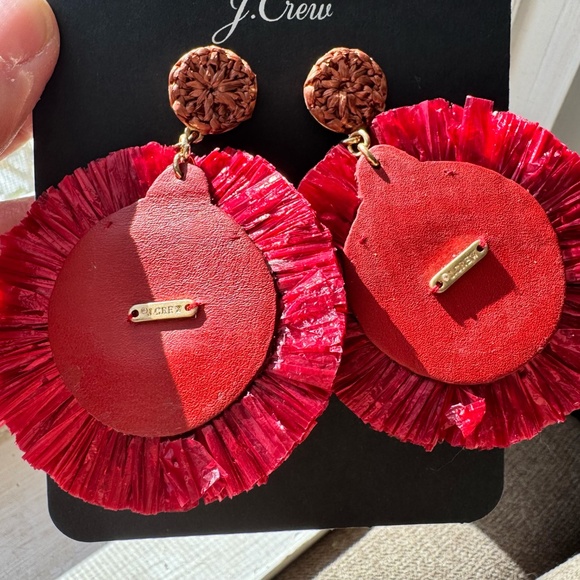 J.Crew Red Raffia Statement Earrings Beaded Crystal Fringe Boho Glam Resort - Picture 6 of 11